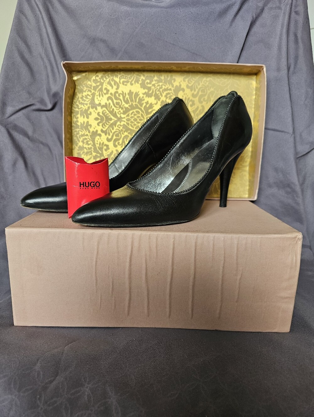 Hugo Black Leather Pointed-Toe High Heels